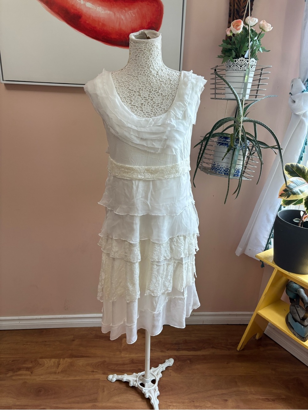 BNWT Vintage White Layered Ruffle Midi Dress